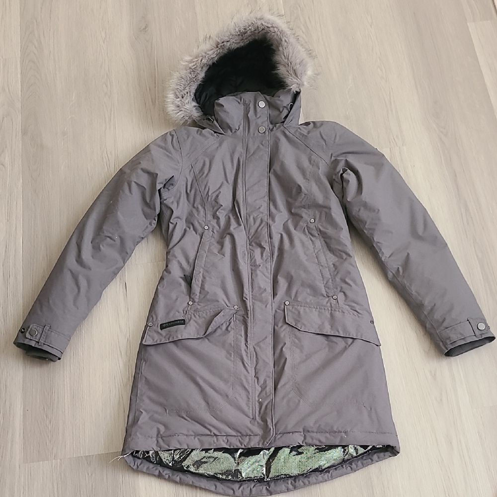 Columbia Omni Heat Gray Hooded Ski Jacket Coat Longline XS winter Insulated
